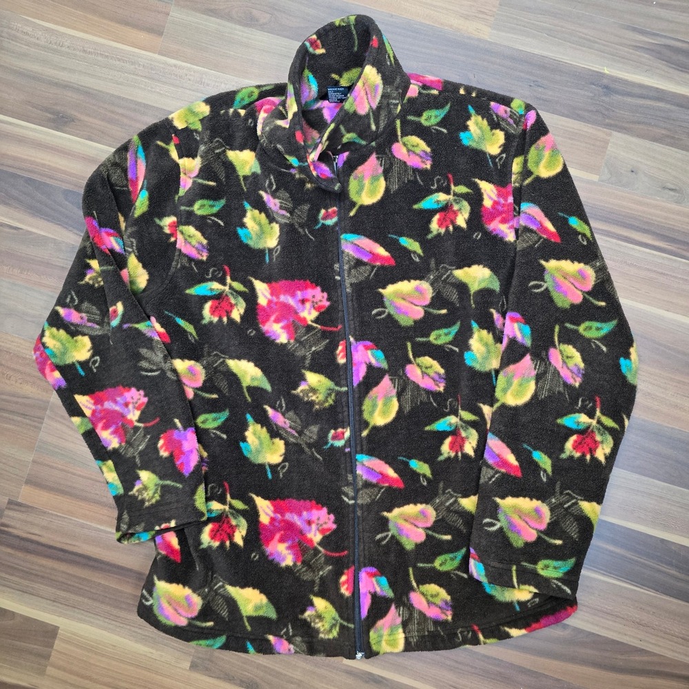 VTG Lavon Floral Fleece Jacket Zip Up Small Brown Colorful Leaf Print Full Zip